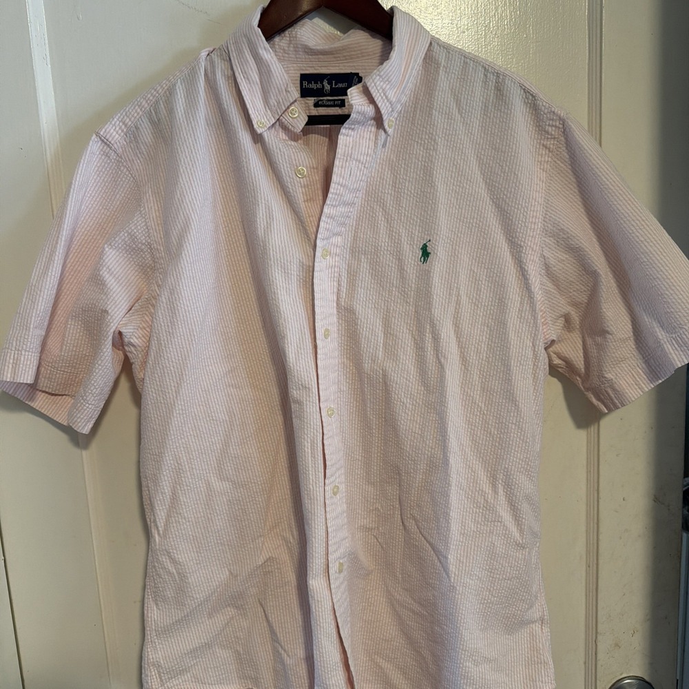 Ralph Lauren Mens XL Shirt Seersucker Striped Short Sleeve Button Down Pink